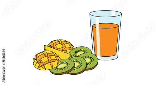 A refreshing glass of chilled orange juice stands beside meticulously sliced green kiwi fruit and diced yellow mango on a clean white background setting.