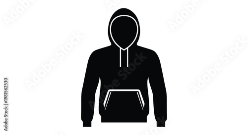 A stark black silhouette of a hooded figure against a white background silhouette