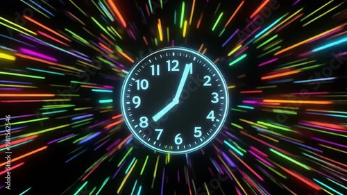 Neon clock face at center with colorful light streaks radiating outward, futuristic time-travel vibe