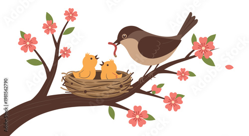 A diligent brown bird feeds a small pink worm to two hungry yellow chicks waiting inside a woven twig nest on a branch decorated with vibrant pink flowers.