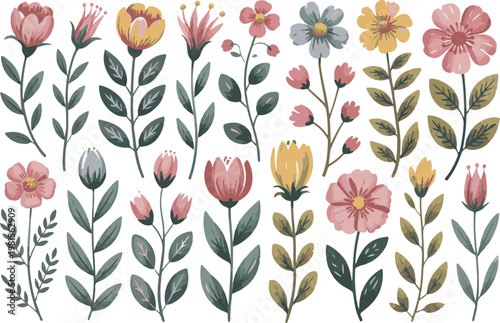 Fotografie Collection of colorful hand-drawn floral elements and branches with leaves on transparent background