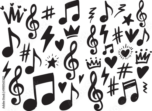 Collection of hand drawn music notes crowns hearts and lightning bolts.