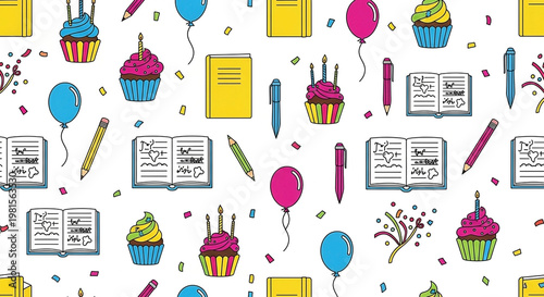 Colorful celebration pattern cupcakes, balloons, books, pencils, pens, confetti