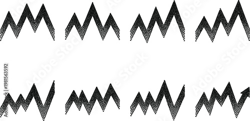 Eight variations of a jagged, zigzag line graph pattern rendered in a stippled or dotted texture, suggesting financial charts or seismic activity