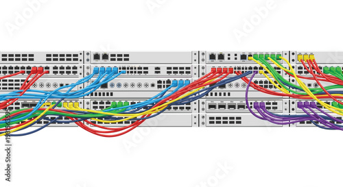 A complex array of high-performance network server units is interconnected by a dense web of vibrant multicolored ethernet cables on a white background.