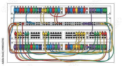 A meticulously organized network patch panel displays a structured arrangement of colorful ethernet cables connected to multiple ports in a rack.