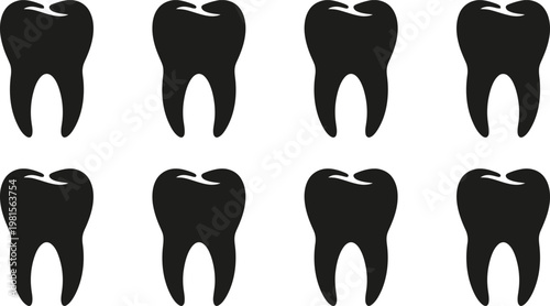 Set of black silhouettes of human teeth for dental health and dentistry concepts isolated on a white background representing oral hygiene and medical care