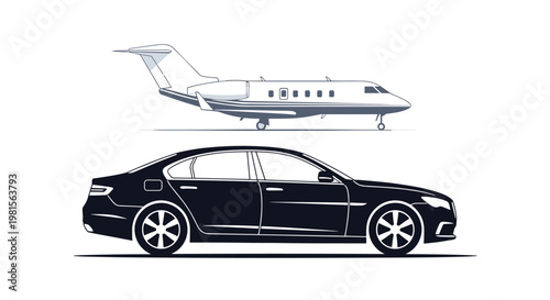 A sleek black executive sedan is showcased directly beneath a modern white private jet against a clean white background to emphasize luxury travel.