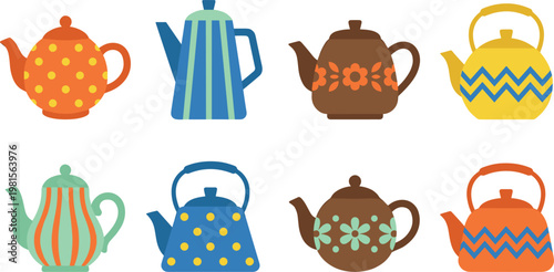 Vintage Teapot Icon Set with Colorful Patterns, Floral Designs, and Retro Shapes for Kitchen, Tea, and Home Decor Projects