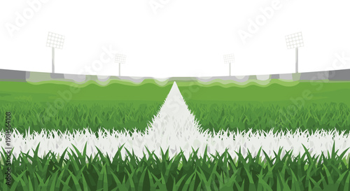 A pristine green athletic field displays a sharp white painted boundary line under the intense glow of distant stadium floodlights during a night game.