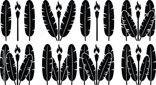 Tropical foliage and torches seamless pattern black and white tropical leaves and tiki torches arranged in a repeating pattern for decorative backgrounds or textile with a primitive island vibe