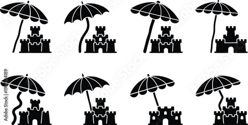 Collection of eight black and white silhouette depicting sandcastles with beach umbrellas in various arrangements and orientations on a white background representing summer vacation and seaside fun