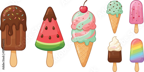 Delicious Ice Cream and Popsicle Icon Set with Toppings, Flavors, and Fun Shapes for Dessert, Summer, and Food Designs
