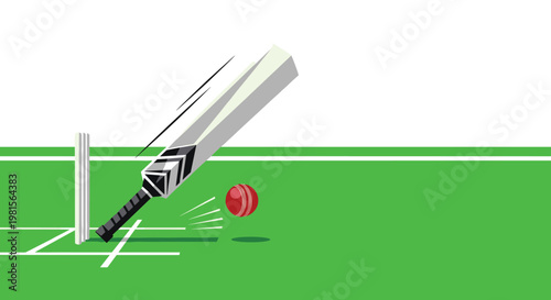 A dynamic cricket bat swings through the air to strike a red leather ball positioned near the white wooden wickets on a vibrant green field.