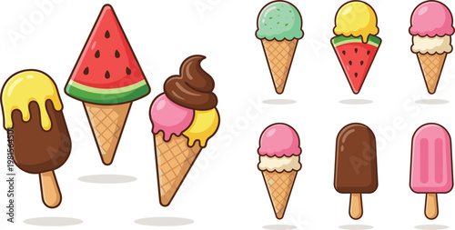 Colorful Ice Cream and Popsicle Icon Set with Various Flavors, Cones, and Fun Toppings for Summer, Dessert, and Food Designs