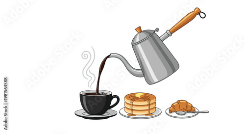 A silver gooseneck kettle pours dark hot coffee into a black ceramic mug next to a stack of buttery pancakes and a flaky golden croissant on white plates.