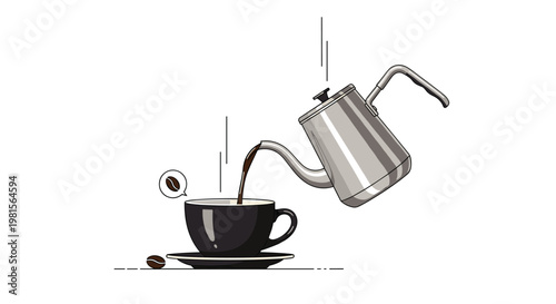 A meticulous vector illustration depicts a polished silver gooseneck kettle pouring steaming dark coffee into a sleek black ceramic cup on a white background.