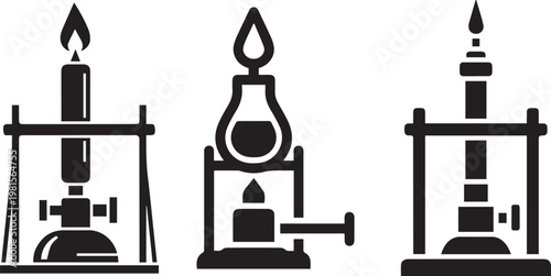 Three black silhouette spirit lamps for chemical lab work eps 10