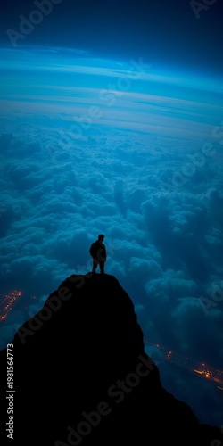 Silhouette descends into azure expanse, cloud-swept heavens glow,  majestic,  vastness