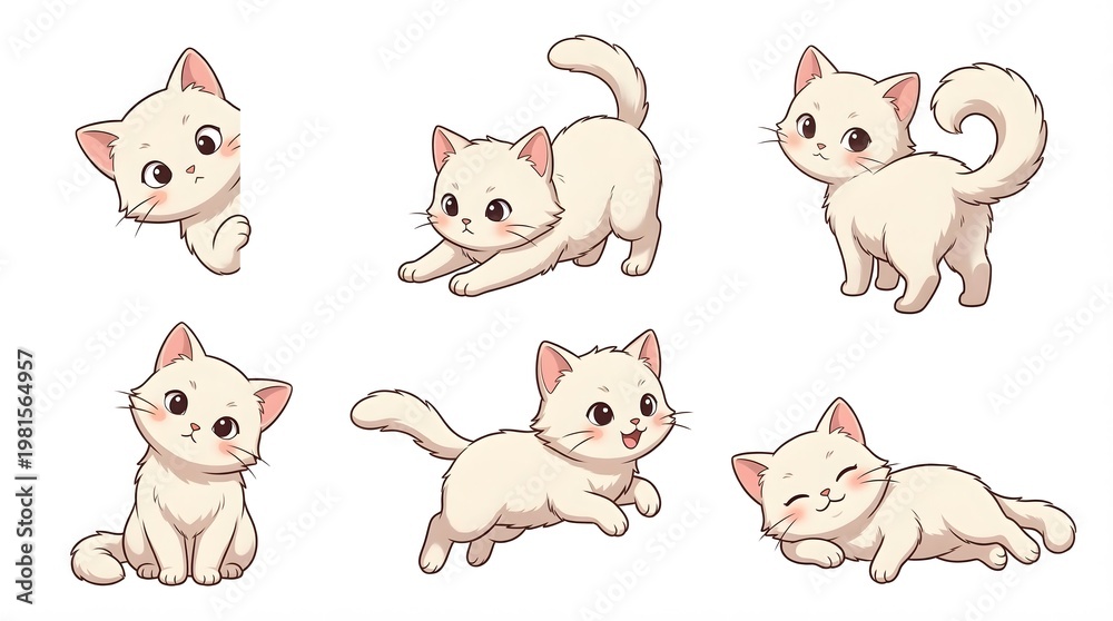 Fototapeta premium White cartoon cats in various playful poses on clean background