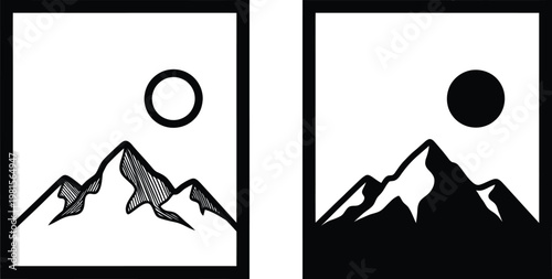 Minimalist mountain landscape with sun and silhouette a dual panel illustration