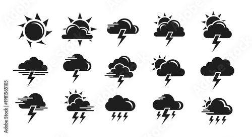 Collection of flat black weather icons representing diverse atmospheric conditions including sunny cloudy rainy and stormy forecasts with lightning isolated on white background