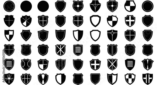 Collection of diverse black shield silhouettes and emblems for security protection heraldry and identity design concepts on a clean white background vector graphics