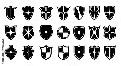 Collection of diverse black shield icons and symbols representing protection security heraldry and medieval elements on a clean white background versatile for graphic design