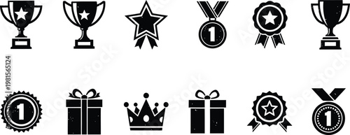 Black silhouette icons of trophies awards stars gifts and crowns
