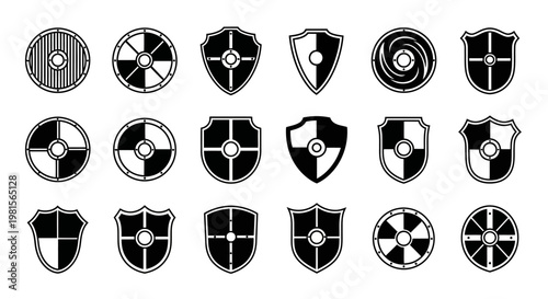 Collection of diverse shield and round viking style emblems and symbols presented in a clean minimalist black and white outline graphic art style against a stark white background