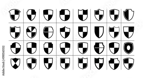 Collection of diverse shield emblems and crests in a grid layout symbolizing protection security heraldry and identity presented in a clean minimalist vector graphic style