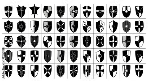 Collection of diverse medieval shields in black and white representing heraldry history and ancient warfare symbolism arranged in a grid pattern on a clean background