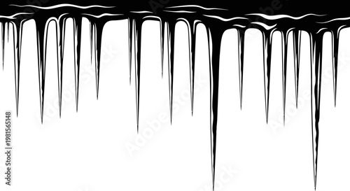 Sharp dripping black icicles hanging from a dark horizontal surface against a stark white background creating a dramatic wintery or frozen abstract graphic element for design