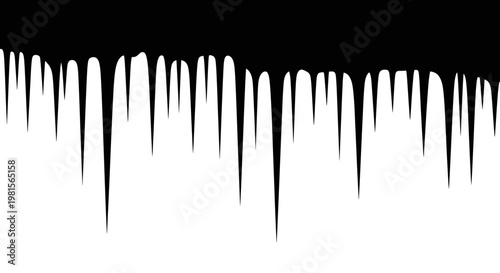 Sharp menacing icicles hanging down in a row against a stark white background creating a dramatic cold and dangerous winter atmosphere with sharp pointed shapes symbolizing frost