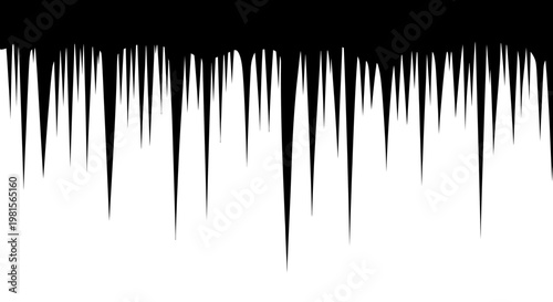 Sharp pointed icicles hanging downwards in a dense uniform row against a stark white background evoking a sense of winter cold and frosty natural formations