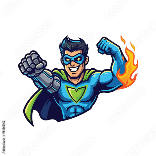 Superhero in blue suit with flame power and dynamic punch