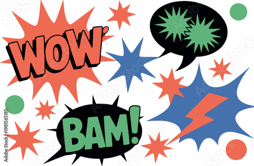 Comic speech bubbles WOW BAM with colorful explosion shapes and lightning bolt on transparent.