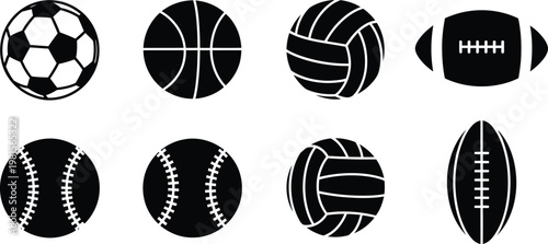 Silhouette collection of various sports balls soccer basketball volleyball football and rugby