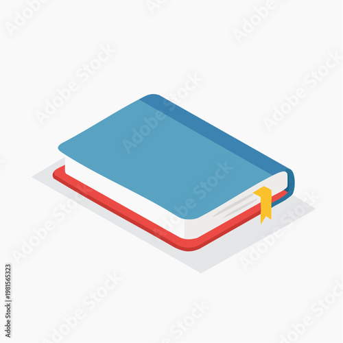 Modern isometric design depicting a closed hardcover book with a vibrant blue cover, a contrasting red spine, and a small yellow bookmark, symbolizing knowledge and learning