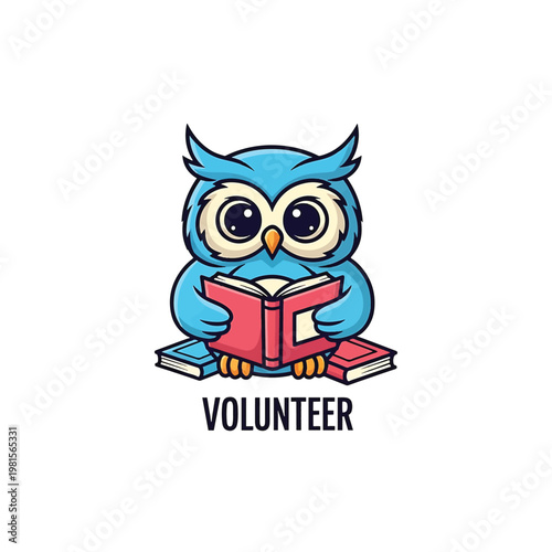 Cute blue owl reading books for volunteer literacy program