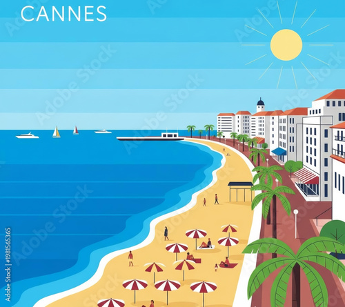Vibrant vector illustration depicting a sunny summer day on a picturesque Mediterranean beach, with people enjoying the sand, sea, and charming coastal town