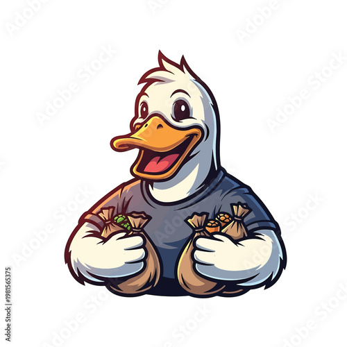 cartoon duck holding money bags full of coins and gifts