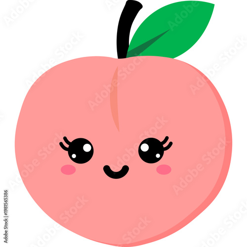 A cute cartoon peach with a smiling face and green leaf on top