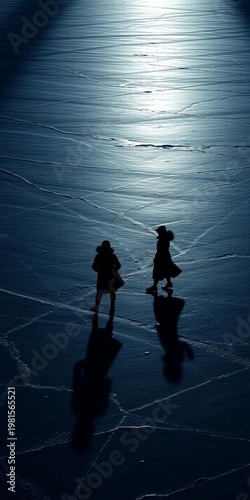 Silhouetted figures dance across a starkly lit canvas of ice, their shadows elongating like dark whispers,  aerial perspective,  frozen spectacle