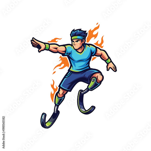 Athlete with Flames on legs and arms engaging in dynamic jump