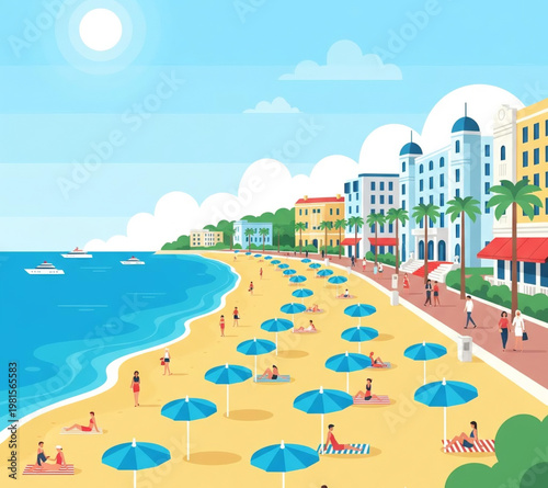 A vibrant beach scene with people relaxing under umbrellas and enjoying the seaside promenade, with buildings and boats in the background