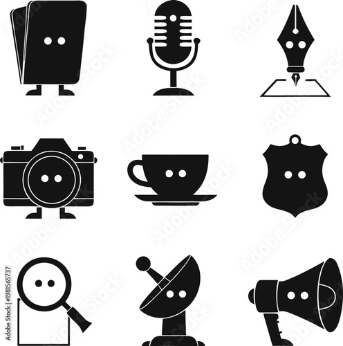 Black ultra minimal silhouette journalism vector icon set featuring journalism tools and symbols