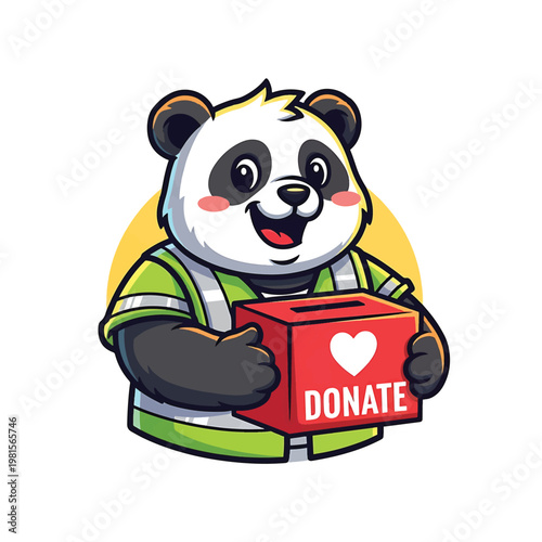 Panda in safety vest holding donation box for charity