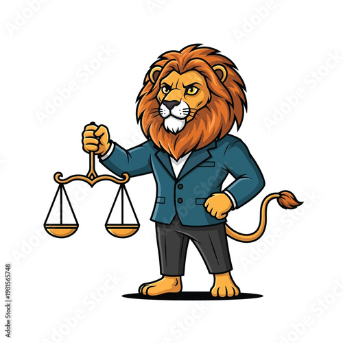Lion in suit holding scales of justice for legal theme