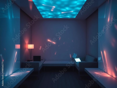 Soft light spills from a screen, casting luminous patterns on a quiet scene of shared digital immersion,  entertainment,  studio lighting